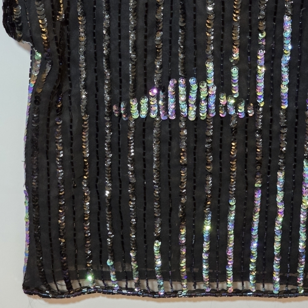 Vintage Schrader Knits 100% Silk Black Sequin Beaded Color Block Short Sleeve 12 - Picture 2 of 7